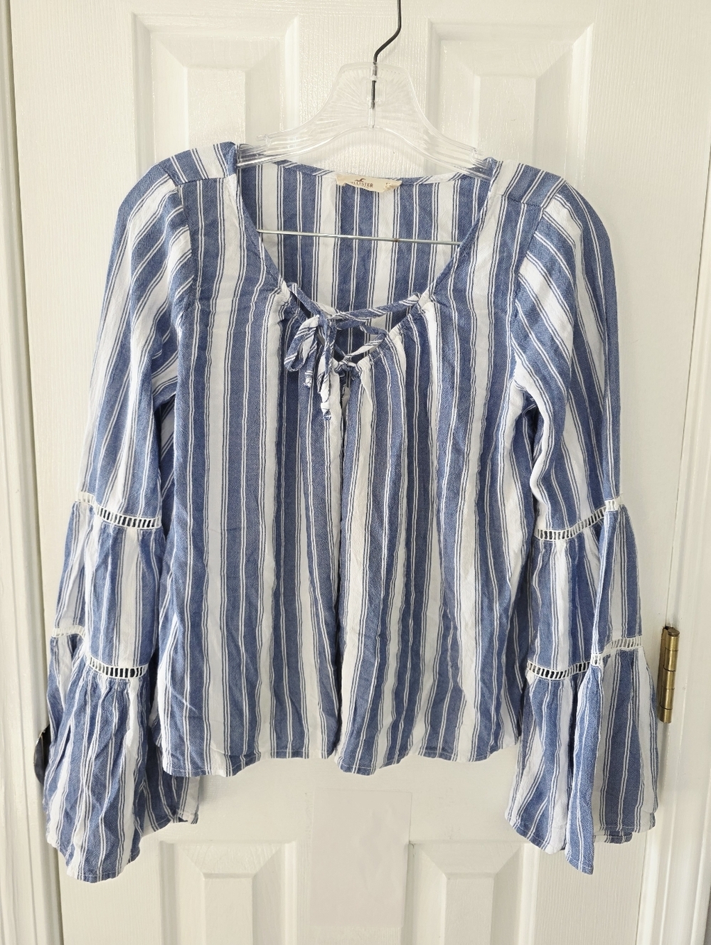 Hollister Blue and White Striped Tie-Neck Peasant Top Medium